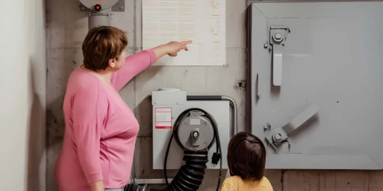 Family checking basement air quality during home radon testing in Idaho Falls
