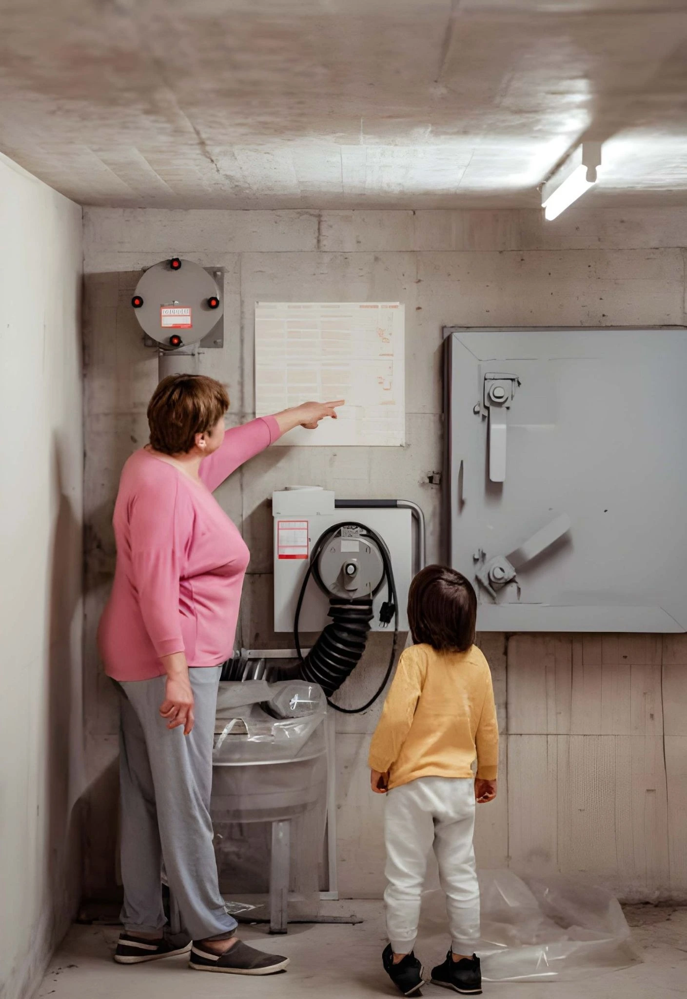 Family checking basement air quality during home radon testing in Idaho Falls